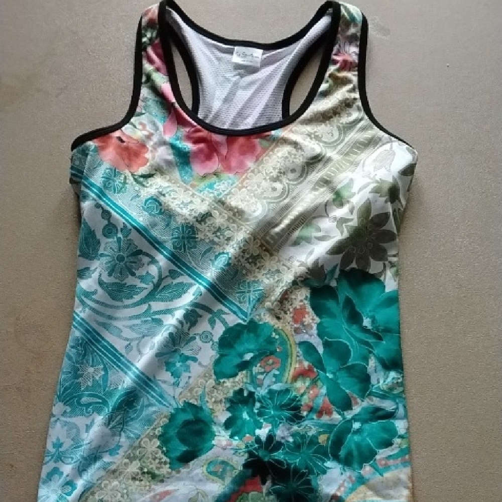 Womans L So Sporty Floral Blue Sleeveless Fitted Tank Top with Black Trim Sports